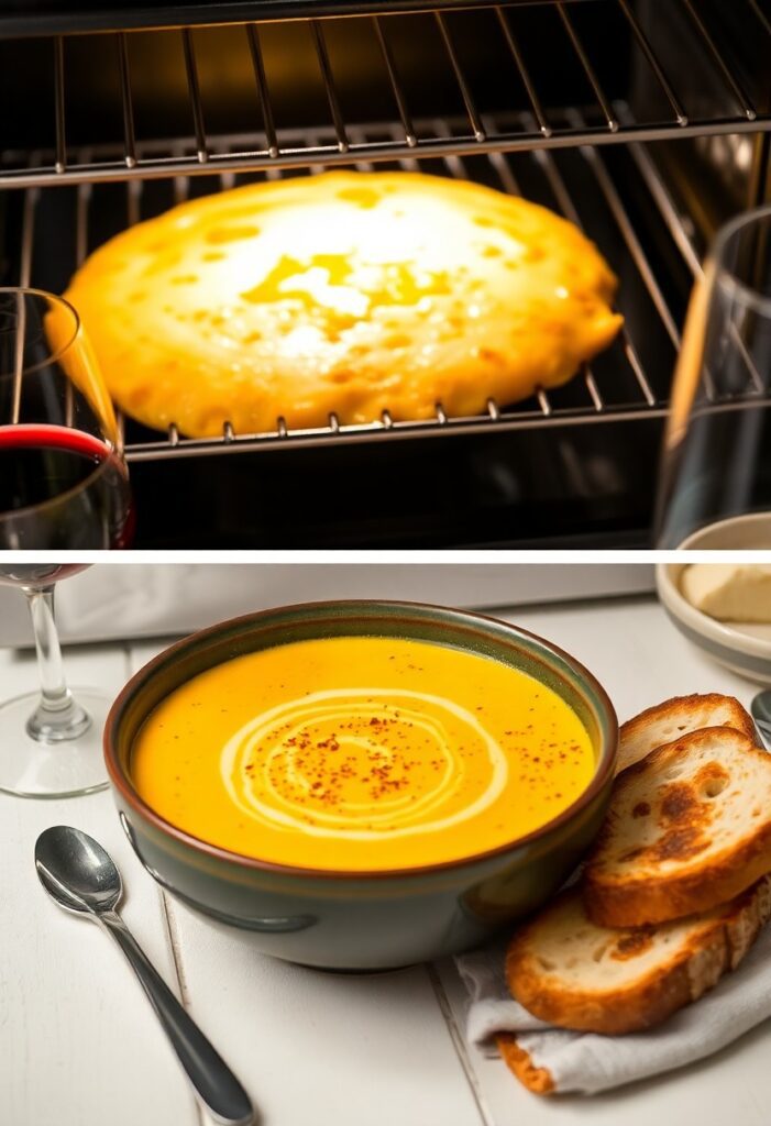 Overhead shot of bubbling French onion soup in broiler-safe bowls