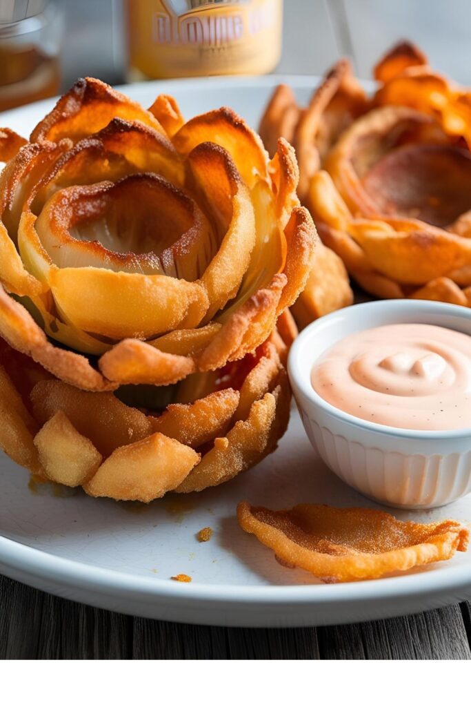 Close-up of a golden, crispy Blooming Onion with a side of dipping sauce.