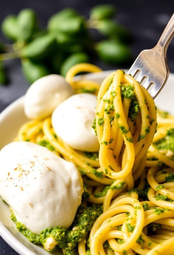 Fork twirling a bite of pesto pasta with gooey mozzarella and juicy cherry tomatoes on a rustic plate.