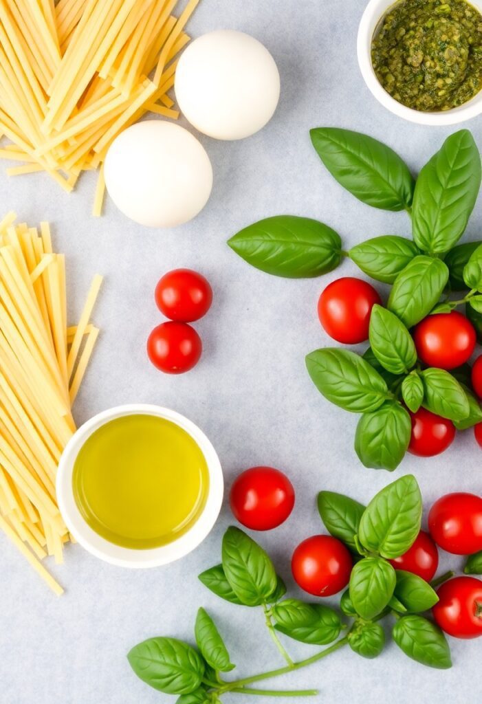  Close-up of pesto mozzarella pasta with melted mozzarella and fresh basil.
