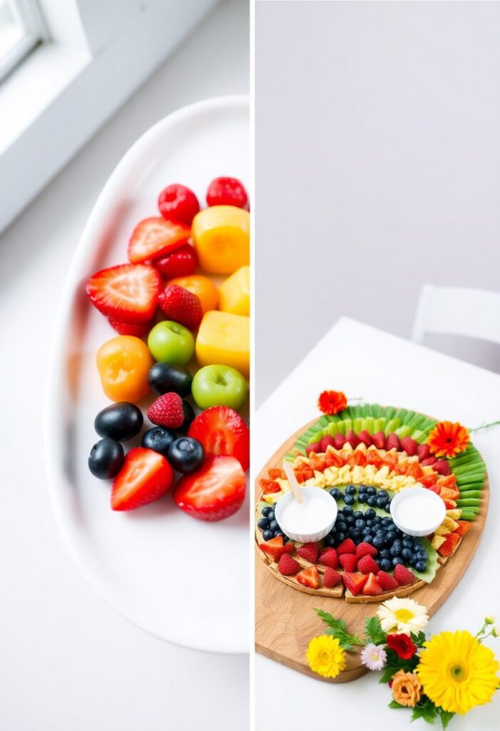 Beautifully arranged rainbow fruit platter showcasing vibrant, colorful fruits for a festive snack display.