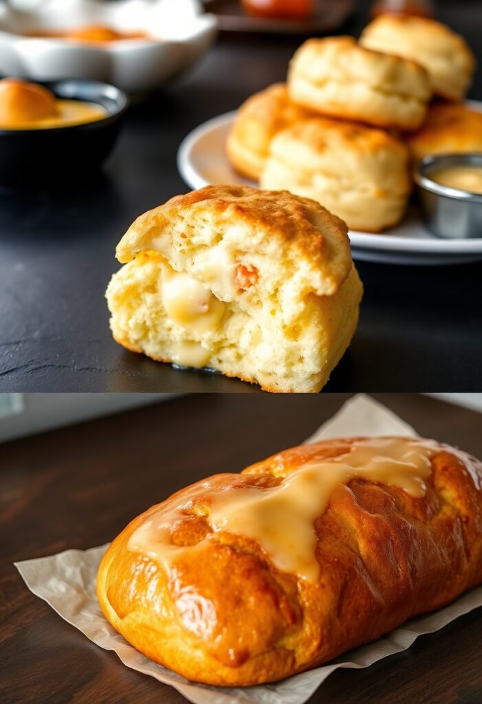 Stack of freshly baked Red Lobster biscuits with golden tops and melted butter drizzling.