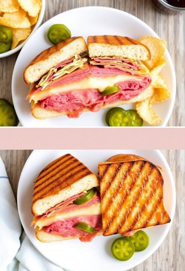 Close-up of a Reuben sandwich with cheese oozing out and crispy golden rye bread, served with pickles and dressing.