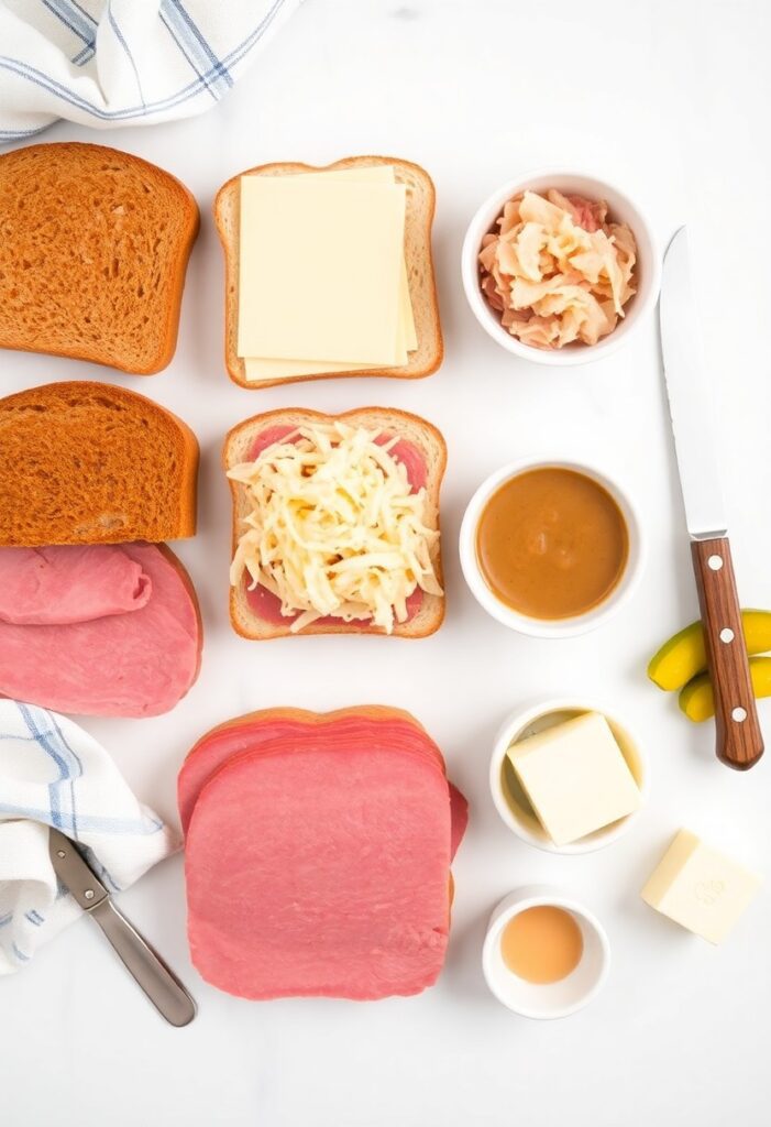 Flat lay collage of Reuben sandwich ingredients including rye bread, corned beef, Swiss cheese, sauerkraut, and Thousand Island dressing.