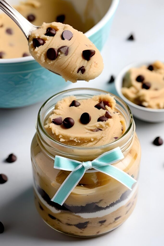 A close-up of a spoonful of cookie dough with chocolate chips, highlighting its creamy texture.