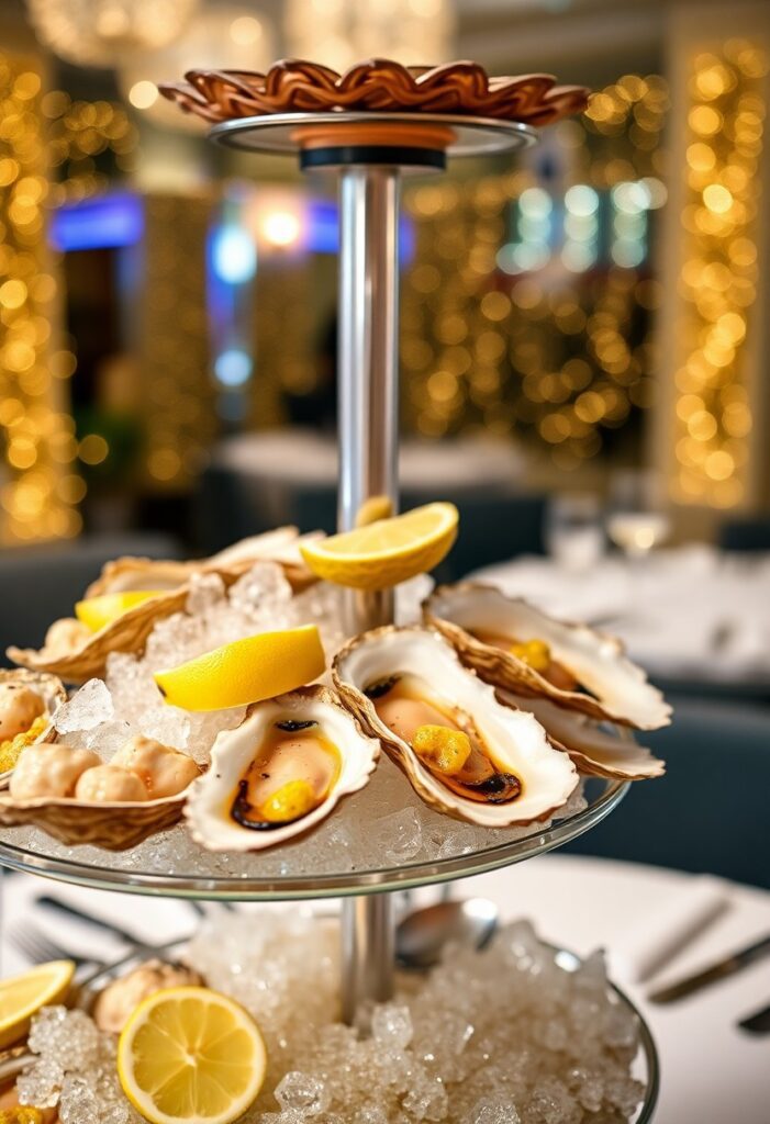 Homemade Seafood Tower full of shrimp, crab, oysters, and herbs on ice, beautifully layered for a festive party.