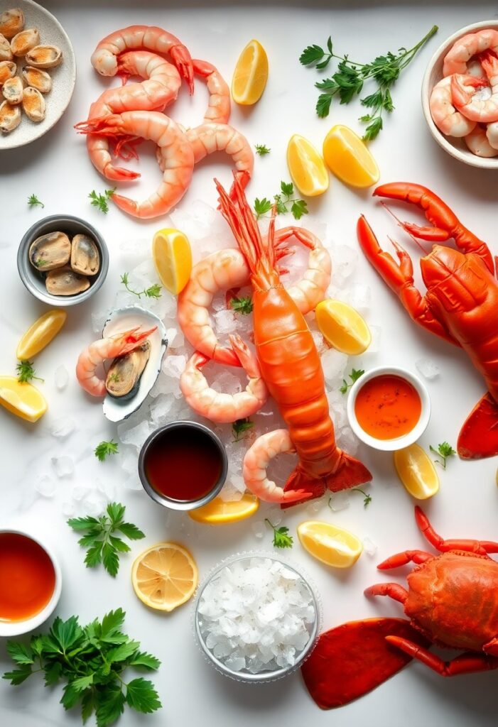 Easy DIY Seafood Tower setup with shrimp, oysters, crab, lobster, and lemon wedges on a three-tier stand.