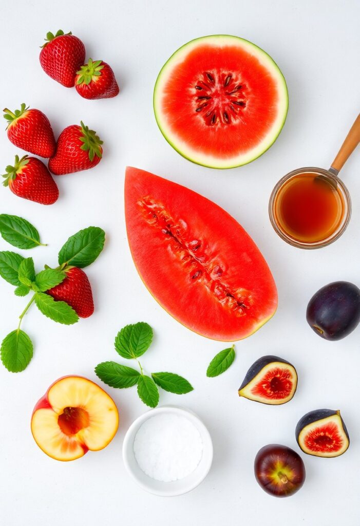A juicy and colorful fruit platter with berries, peaches, mint, and honey drizzle on a rustic table.