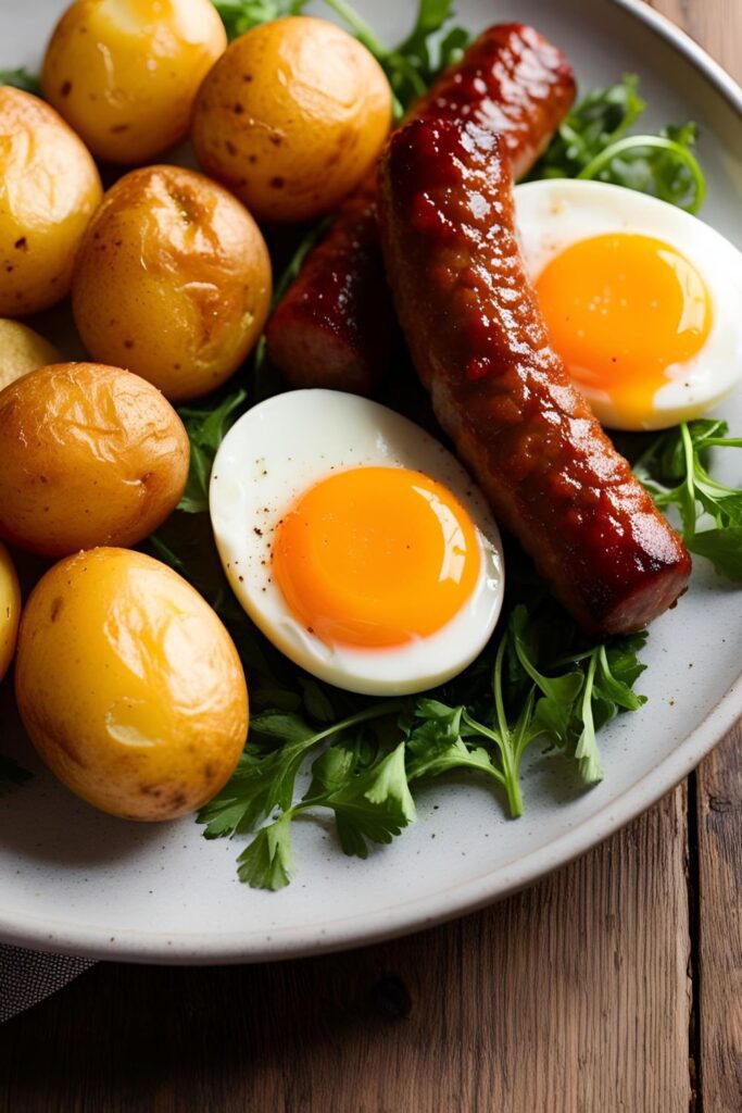 Overhead view of a freshly baked sheet pan breakfast featuring roasted potatoes, colorful bell peppers, sausage slices, and baked eggs, garnished with fresh herbs.