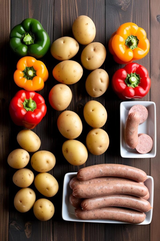 Flat lay of raw ingredients for sheet pan breakfast, including eggs, bell peppers, red onions, baby potatoes, sausage, olive oil, and seasoning on a wooden surface.