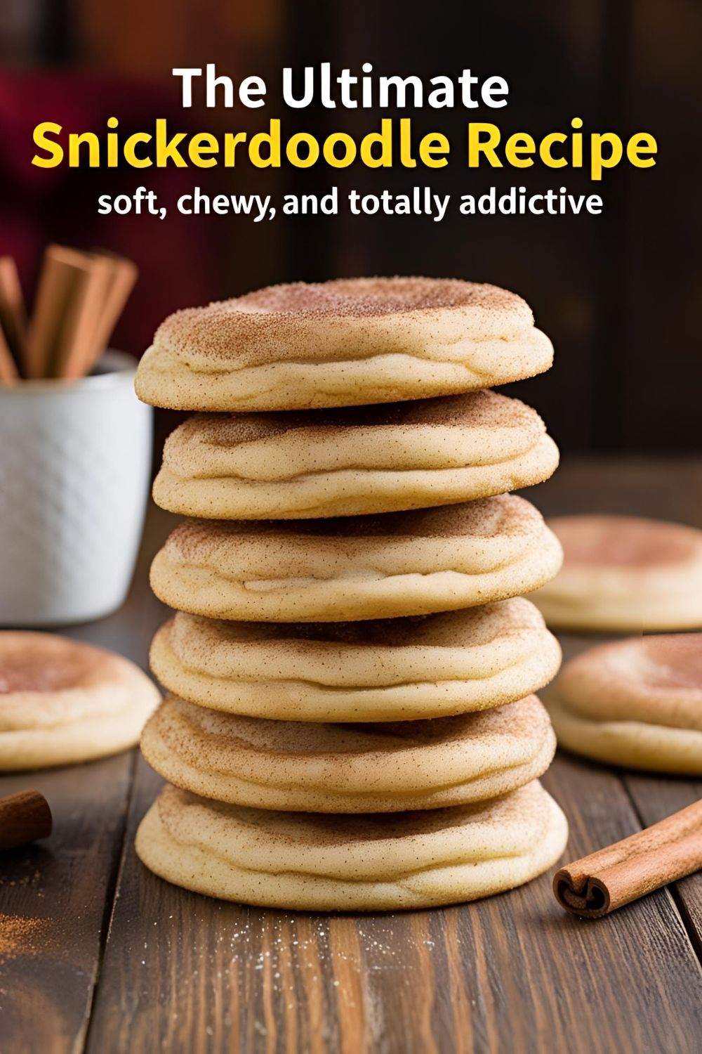 A stack of soft and chewy snickerdoodle cookies with a cinnamon-sugar coating on a rustic wooden table.