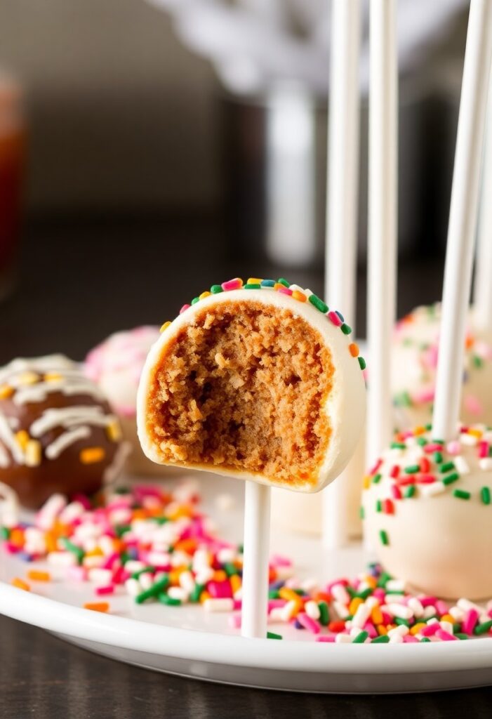 Delicious DIY Starbucks cake pops on a cooling rack, decorated with colorful candy sprinkles.
