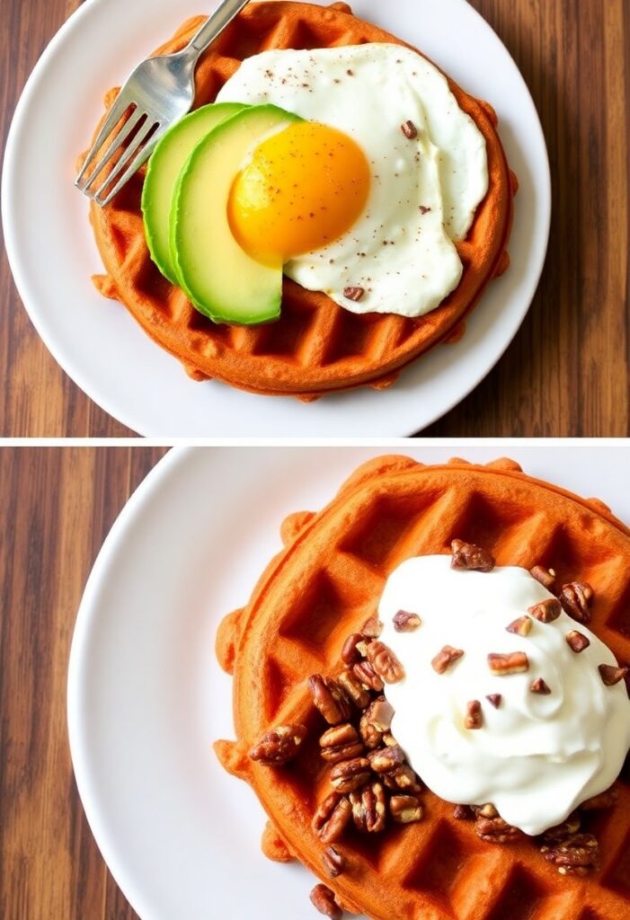 Close-up of sweet potato waffle with butter melting and maple syrup drizzle in cozy kitchen light