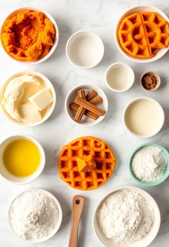 Overhead photo of sweet potato waffles served with yogurt, fruit, and cinnamon stick garnish