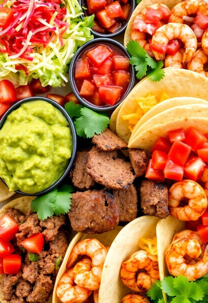 Close-up of vibrant taco board full of toppings, meats, and colorful salsas for an epic party platter.