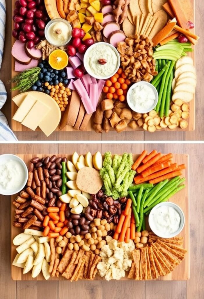 Two variations of a Thanksgiving grazing board, one with a close-up of cheese and meats, and the other showcasing a wider view with fruits and dips.