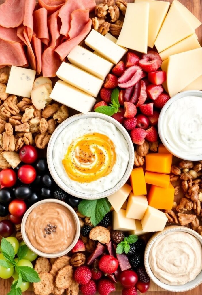  A Thanksgiving grazing board featuring cheeses, meats, fruits, nuts, and spreads for a festive and fun holiday spread