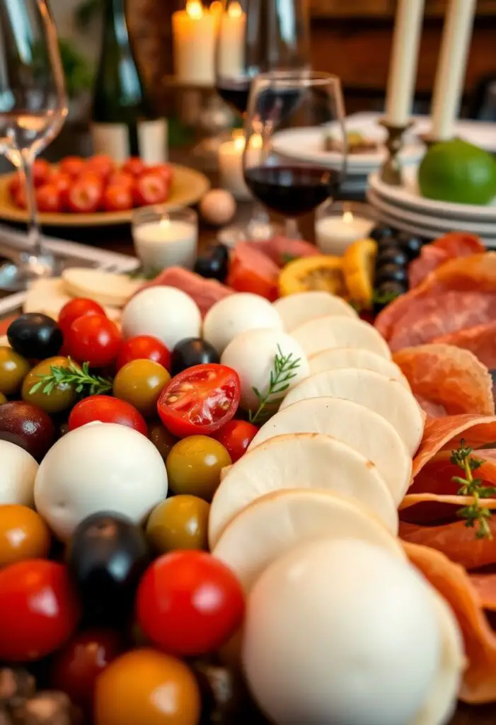 Overhead shot of a mouthwatering Italian antipasto board loaded with vibrant appetizers and festive decor