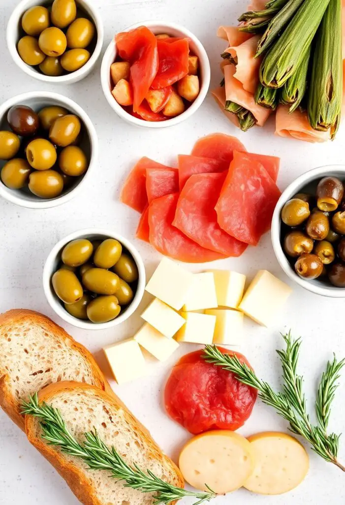 Overhead shot of a mouthwatering Italian antipasto board loaded with vibrant appetizers and festive decor