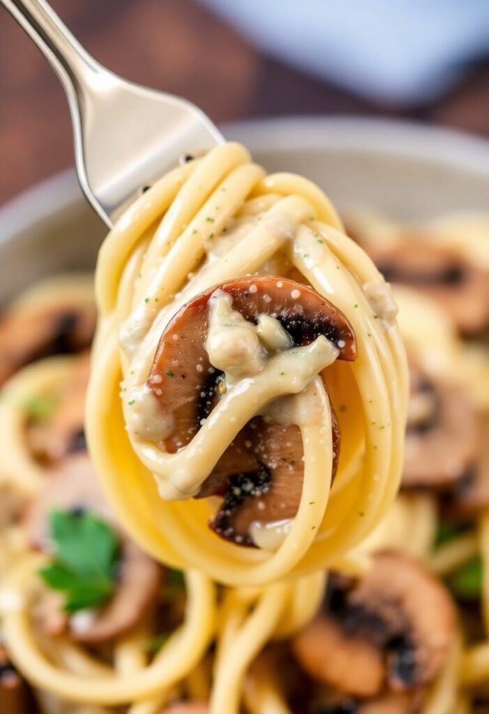 A fork lifting creamy fettuccine coated in mushroom truffle sauce, with sautéed mushrooms clinging to the noodles.
