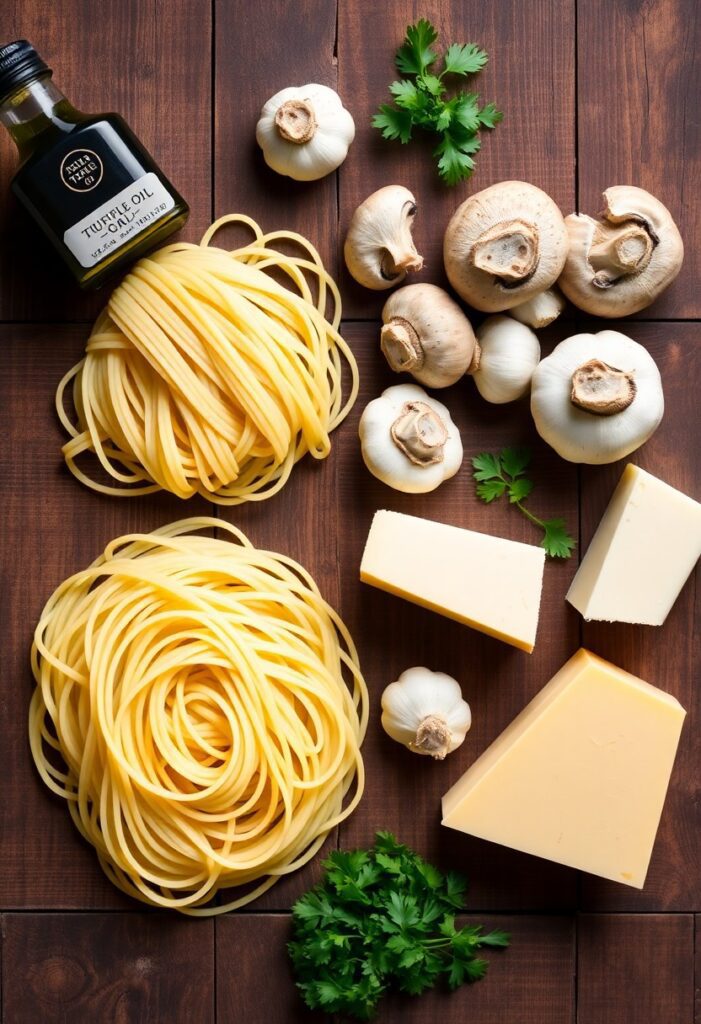 An overhead view of raw pasta, sliced mushrooms, garlic, truffle oil, Parmesan, and herbs arranged neatly on a rustic wooden surface.