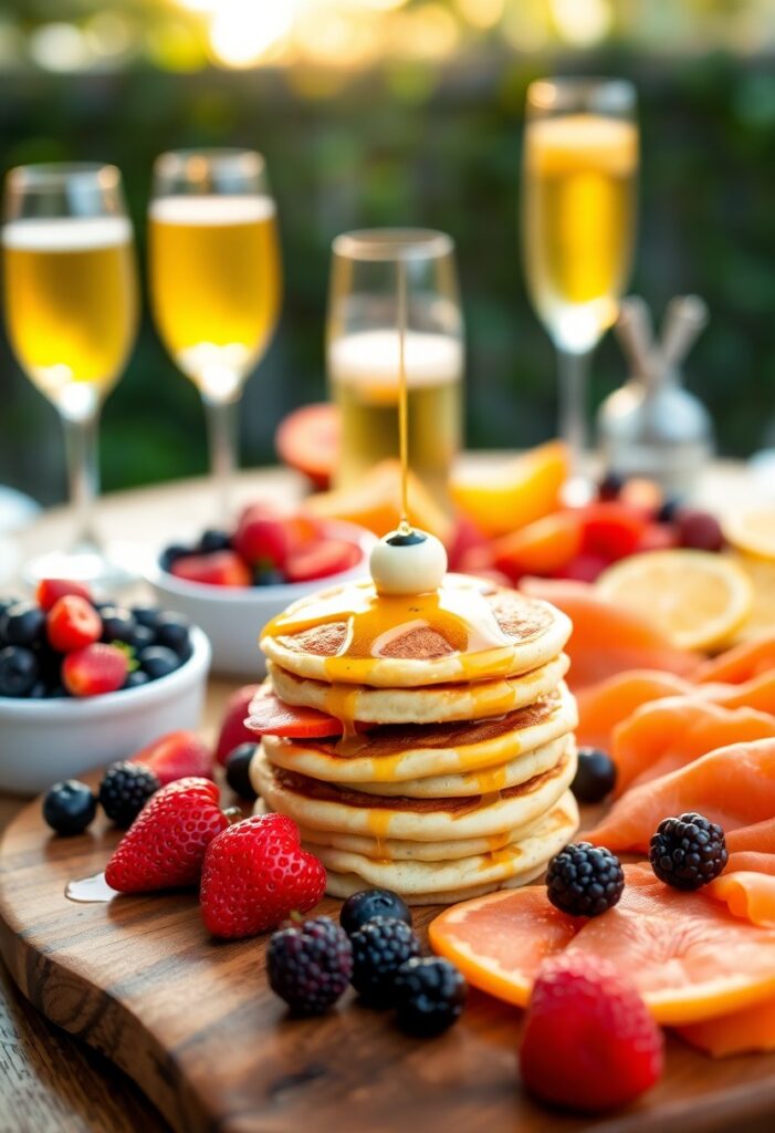 A rustic and vibrant brunch board featuring pastries, fresh fruit, cheeses, and meats, perfect for a cozy brunch setup.