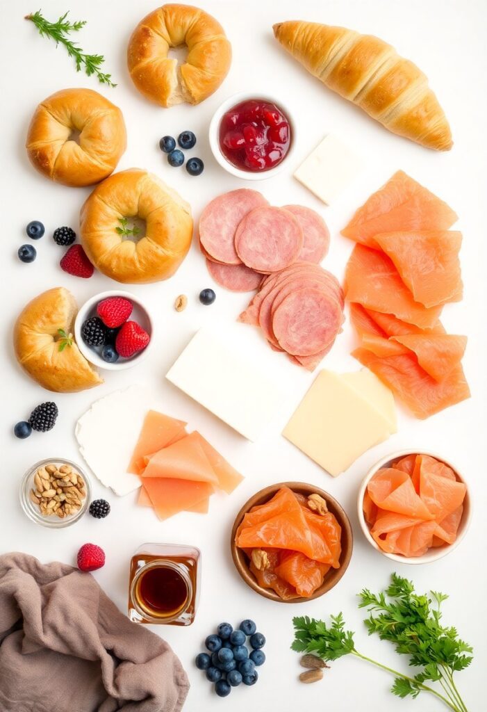 Gorgeous brunch board with croissants, fruit, cheeses, smoked salmon, and mini pancakes styled for a perfect brunch.