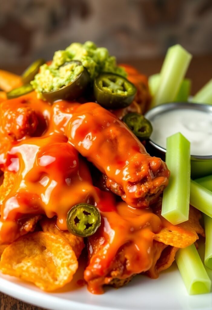 Rustic wooden table with arranged Game Day foods like sliders, nachos, dips, and wings