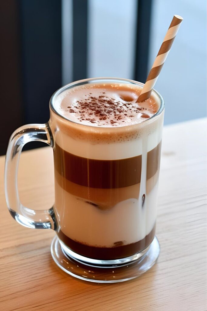 A homemade mocha in a clear glass mug, showcasing the layers of espresso, chocolate, and milk.