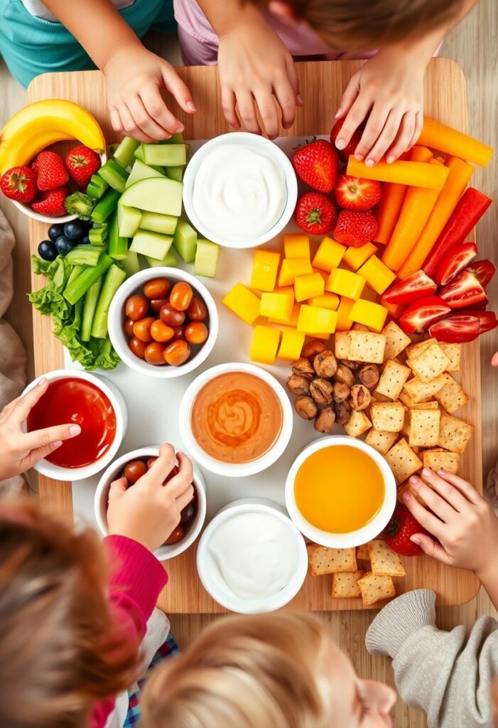 Colorful Kids' Snack Board full of fruits, veggies, cheeses, dips, and crackers, perfect for healthy and fun kids party snacks