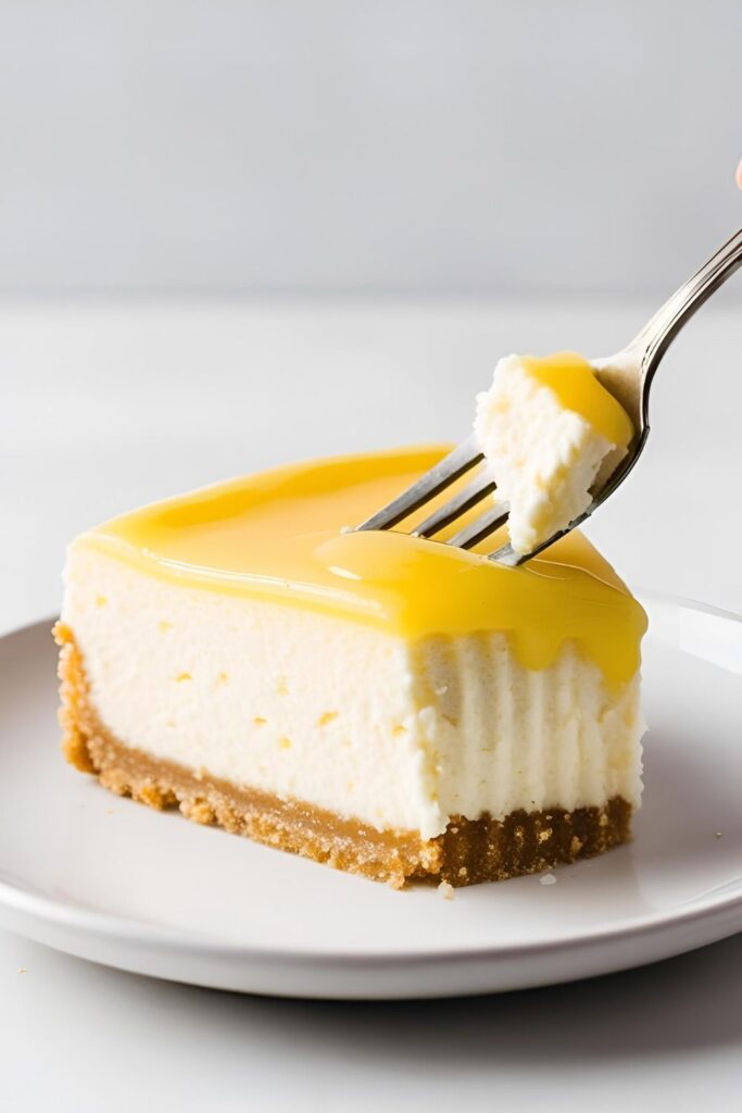 Close-up of a lemon cheesecake slice with a forkful taken out, showcasing its creamy interior.