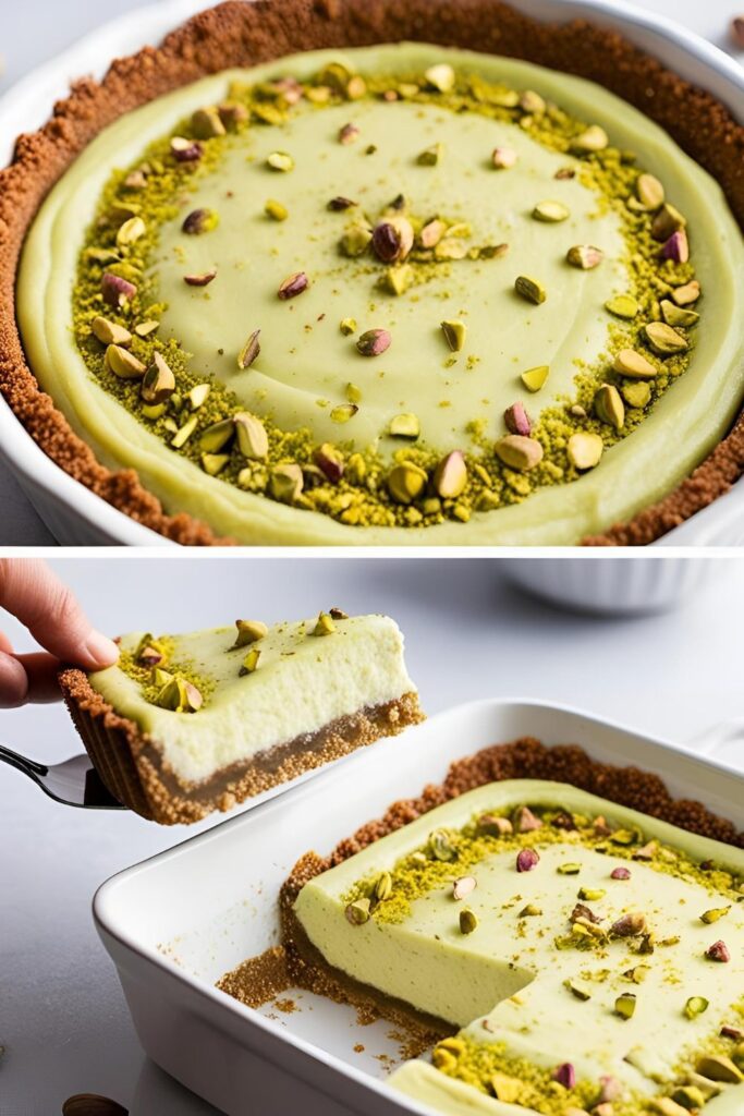 A creamy no-bake pistachio dessert in a glass dish with visible layers of crust and filling, topped with chopped pistachios and a swirl of whipped cream.
