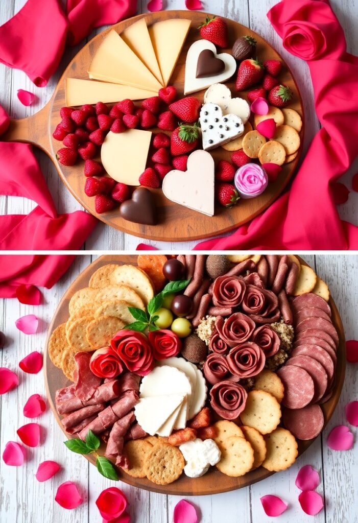 Top view of romantic charcuterie board with pink desserts, meats, cheeses, and berries on a wooden board