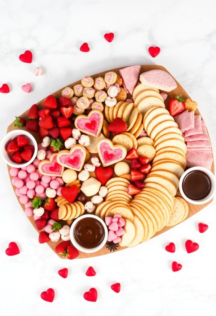 Close-up of a colorful Valentine’s Day charcuterie board featuring salami roses and chocolates