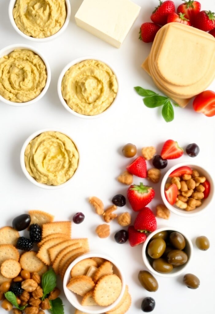A vegan charcuterie board loaded with colorful fruits, nuts, vegan cheeses, and healthy snacks arranged beautifully for a party.