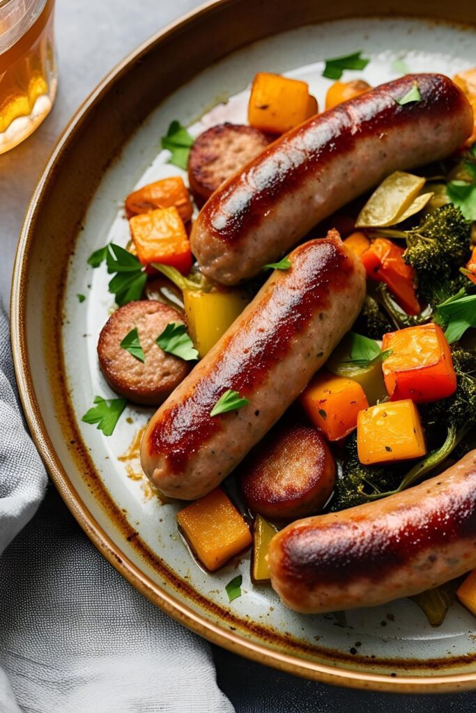 Sheet pan with sausage and roasted vegetables fresh out of the oven, ready to eat