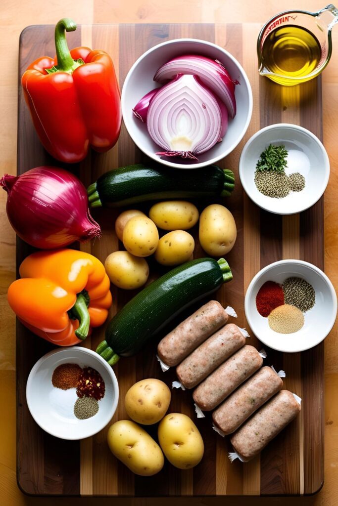 Plated sheet pan sausage and veggies with rustic plating and natural lighting