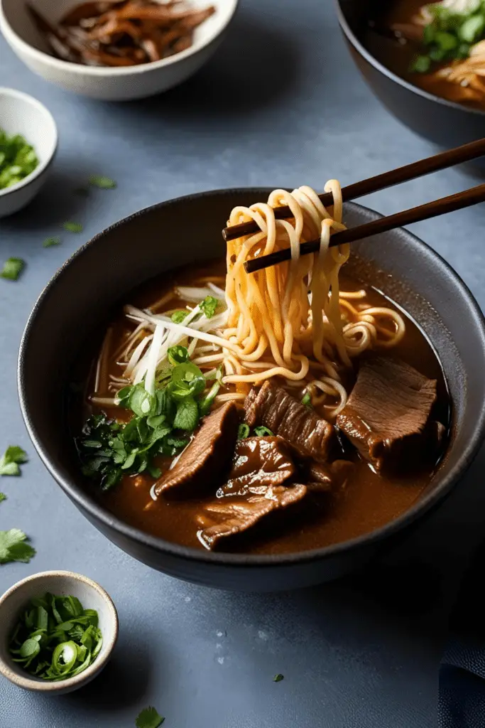  Close-up of birria beef ramen being lifted with chopsticks from a bowl