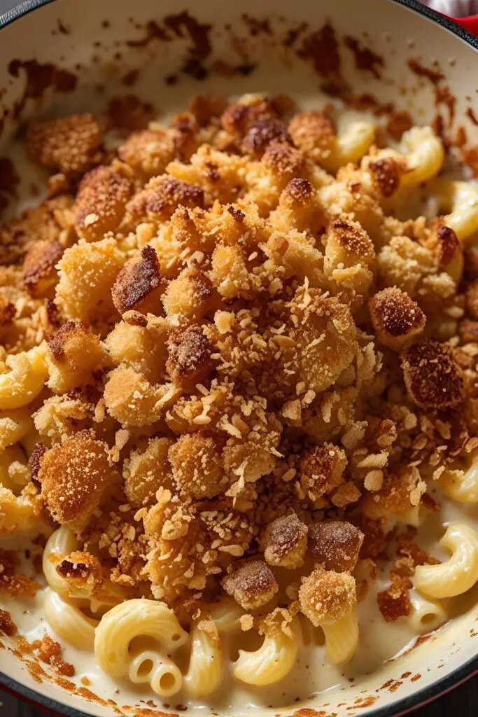 Homemade breadcrumb topping close-up shot on mac and cheese