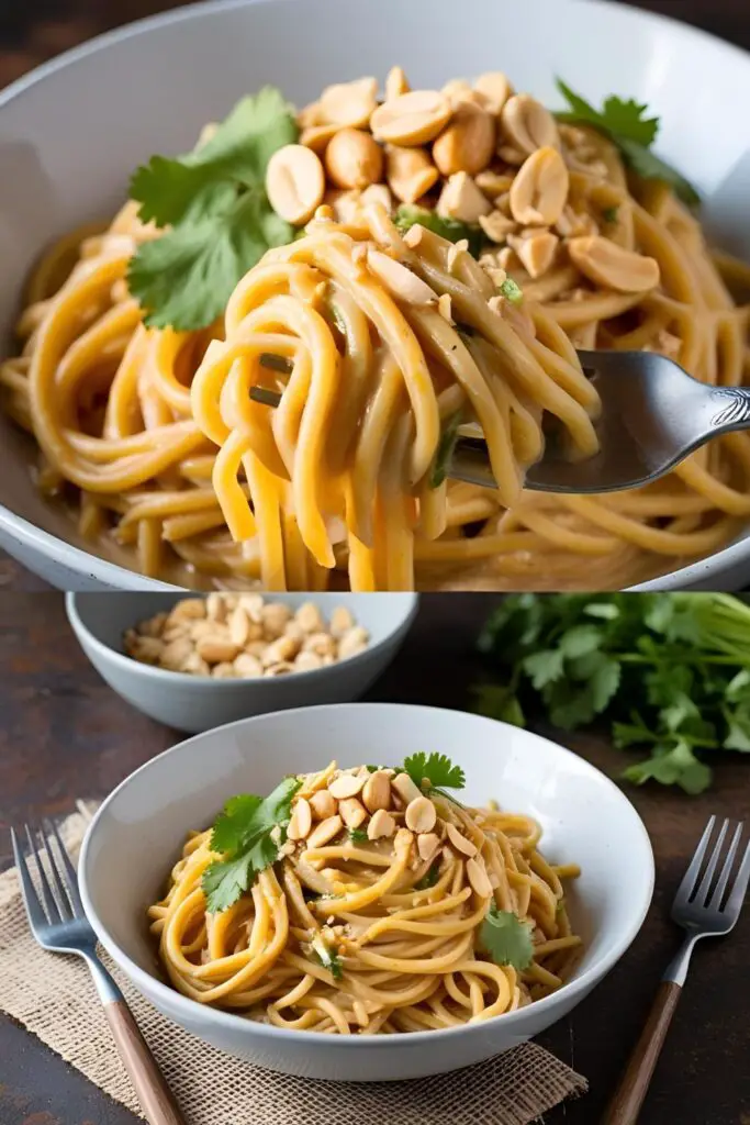 Overhead shot of Vegan Thai Peanut Noodles served in a bowl with chopsticks.