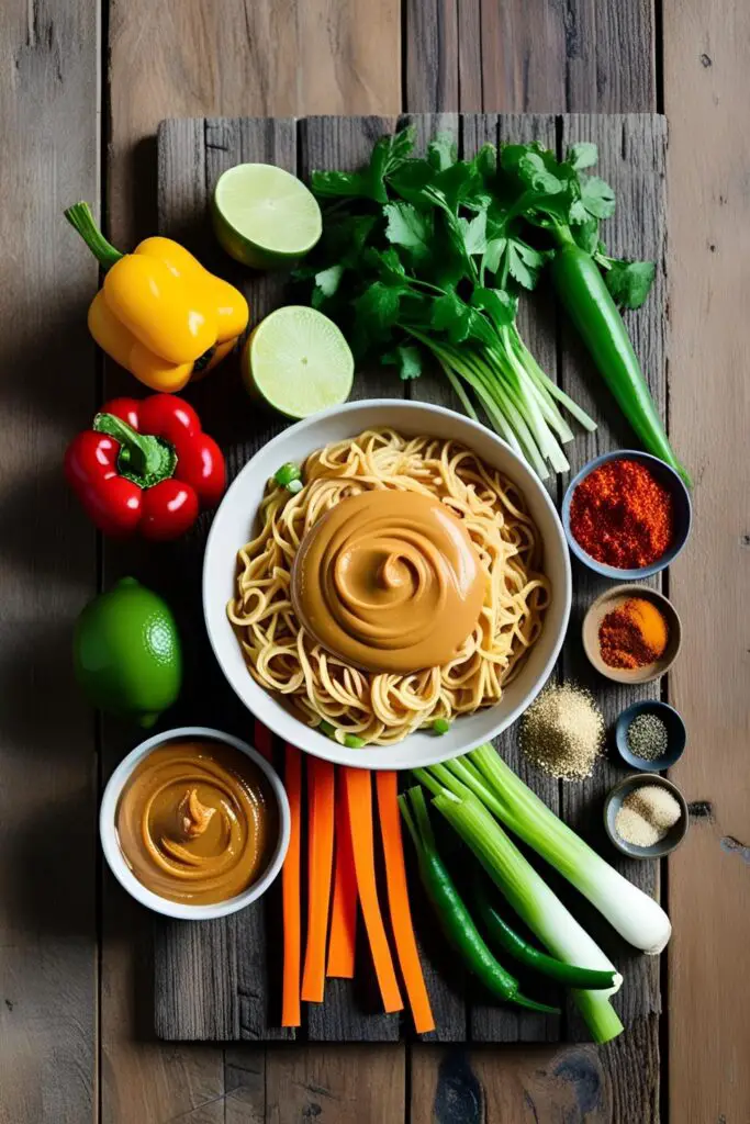  Close-up of creamy Vegan Thai Peanut Noodles with colorful vegetables.
