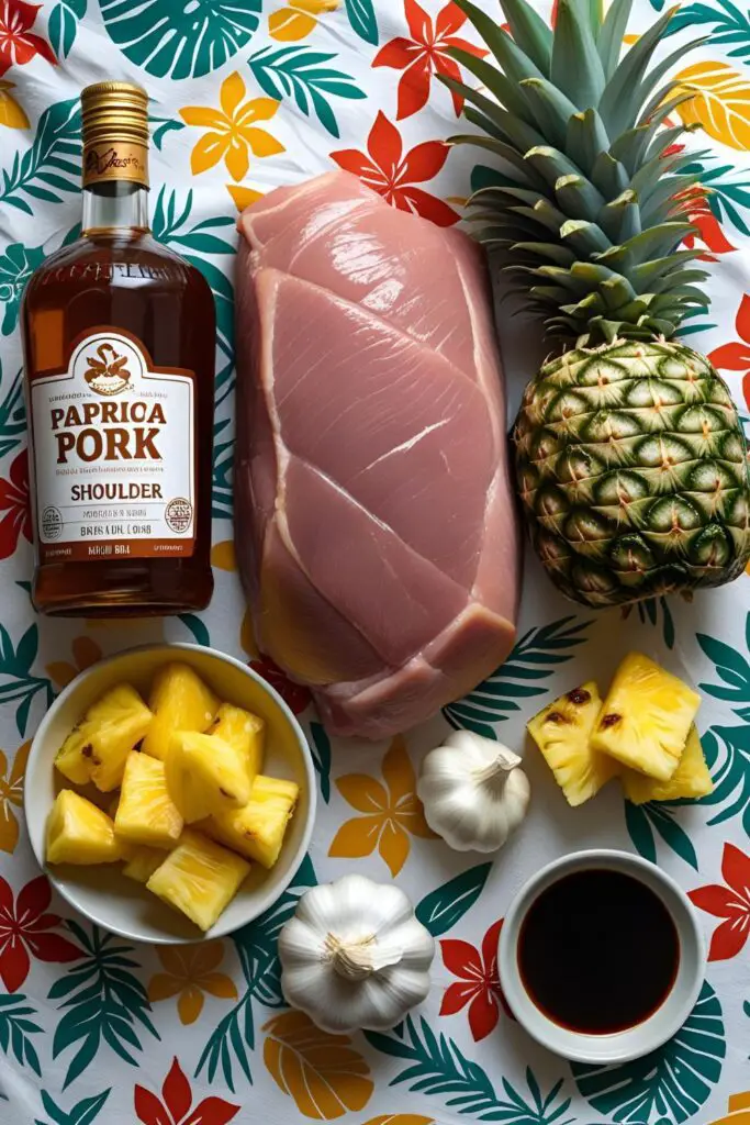 Overhead view of shredded pineapple pork on platter with fresh greens and rum bottle