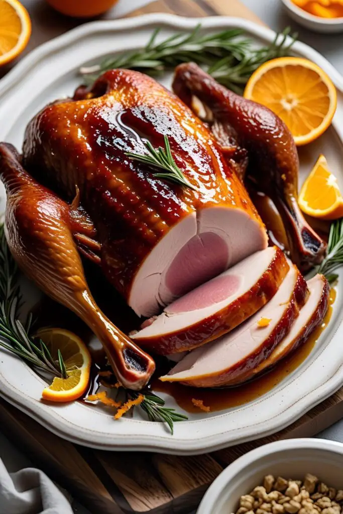 “Close-up of sliced orange rosemary duck showcasing juicy meat and crispy skin.”