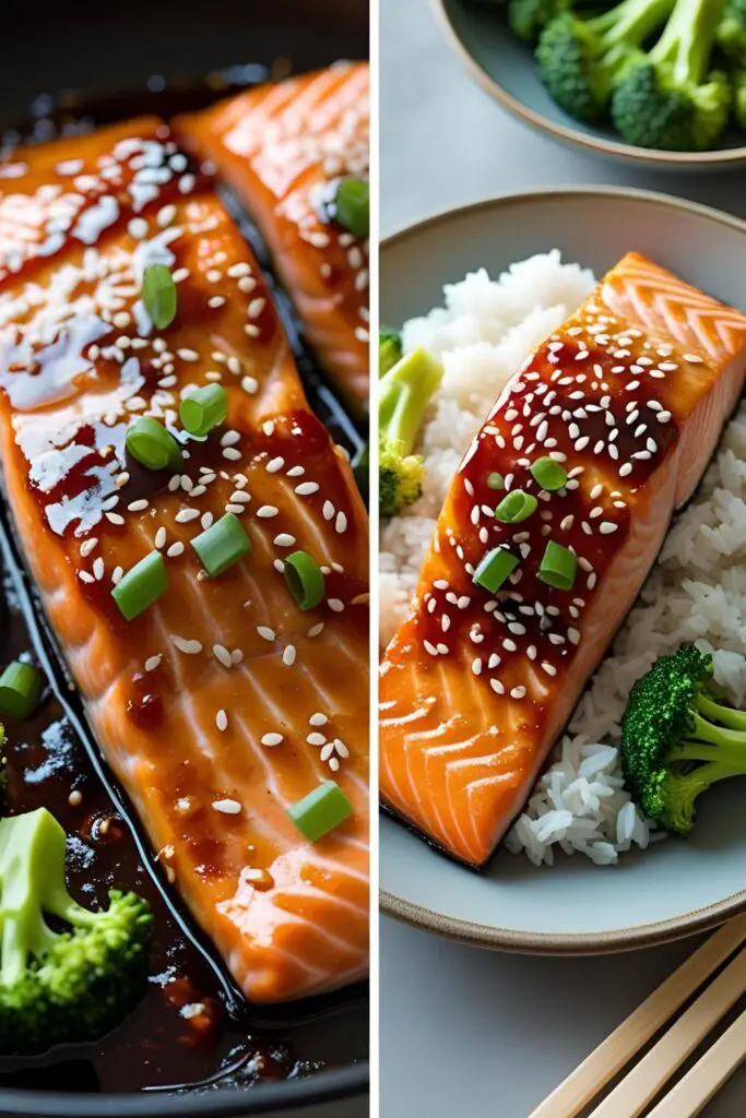 Teriyaki salmon served over noodles with sauce drizzle and sprinkled sesame seeds