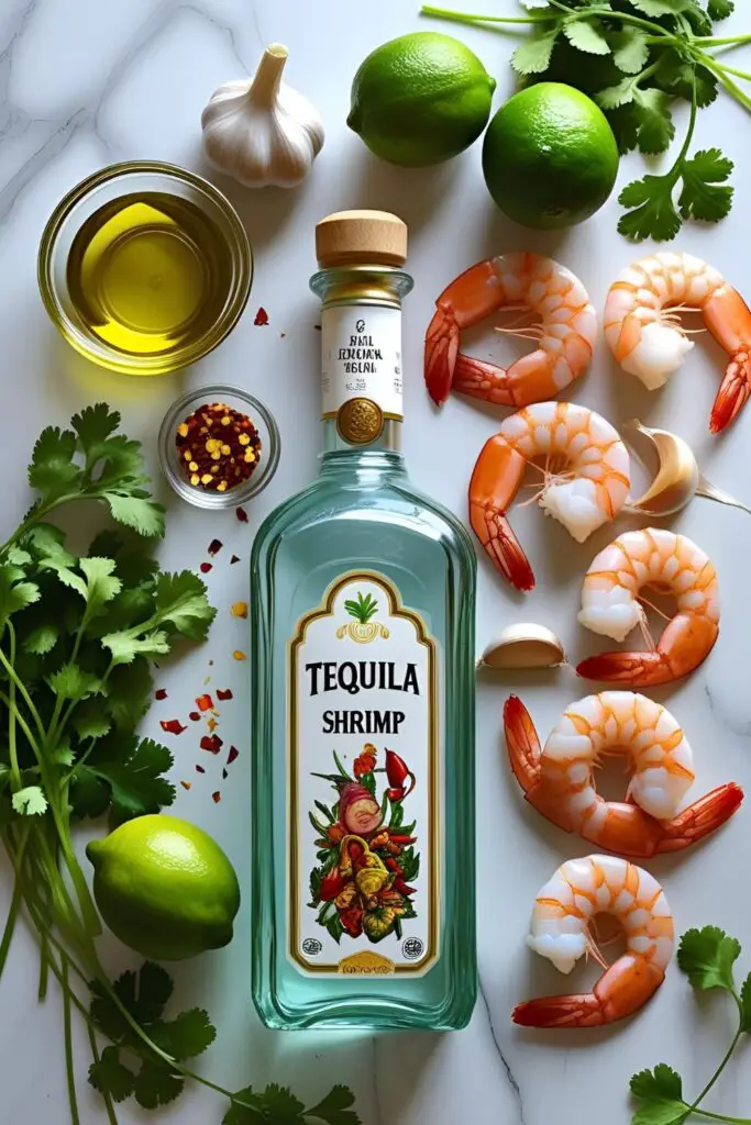 Tequila lime shrimp tacos garnished with fresh cilantro and lime wedges.