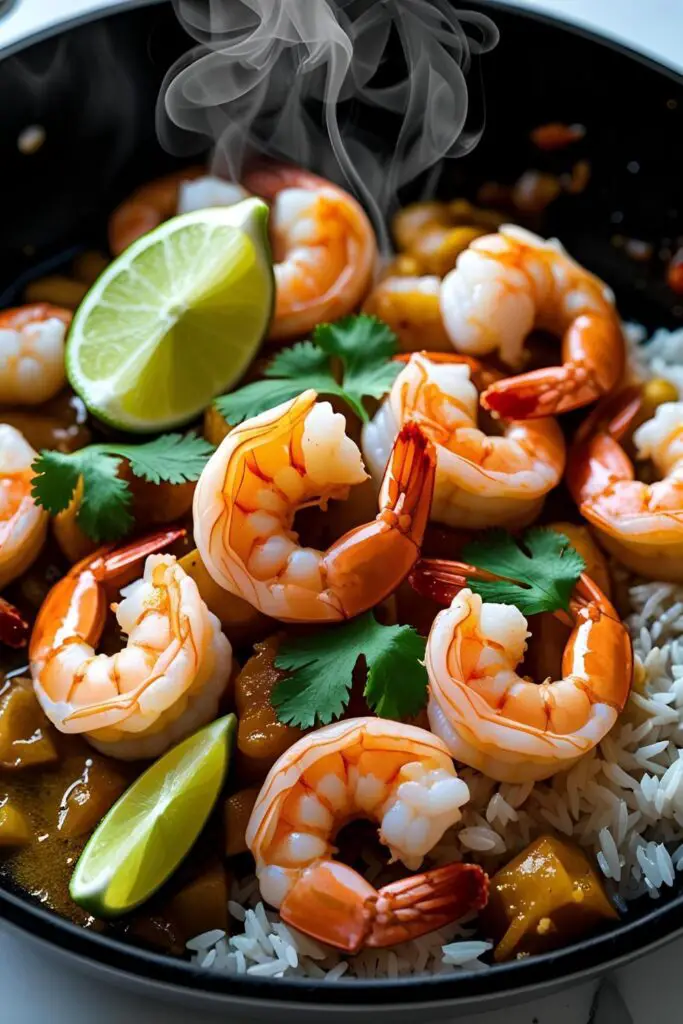 Tequila lime shrimp served over a bed of rice with fresh vegetables and lime slices.