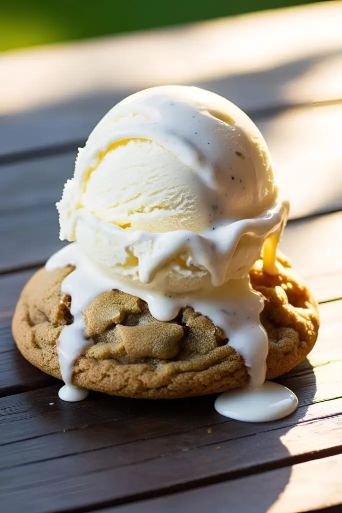 Chocolate chip cookie skillet served with a scoop of vanilla ice cream melting on top.