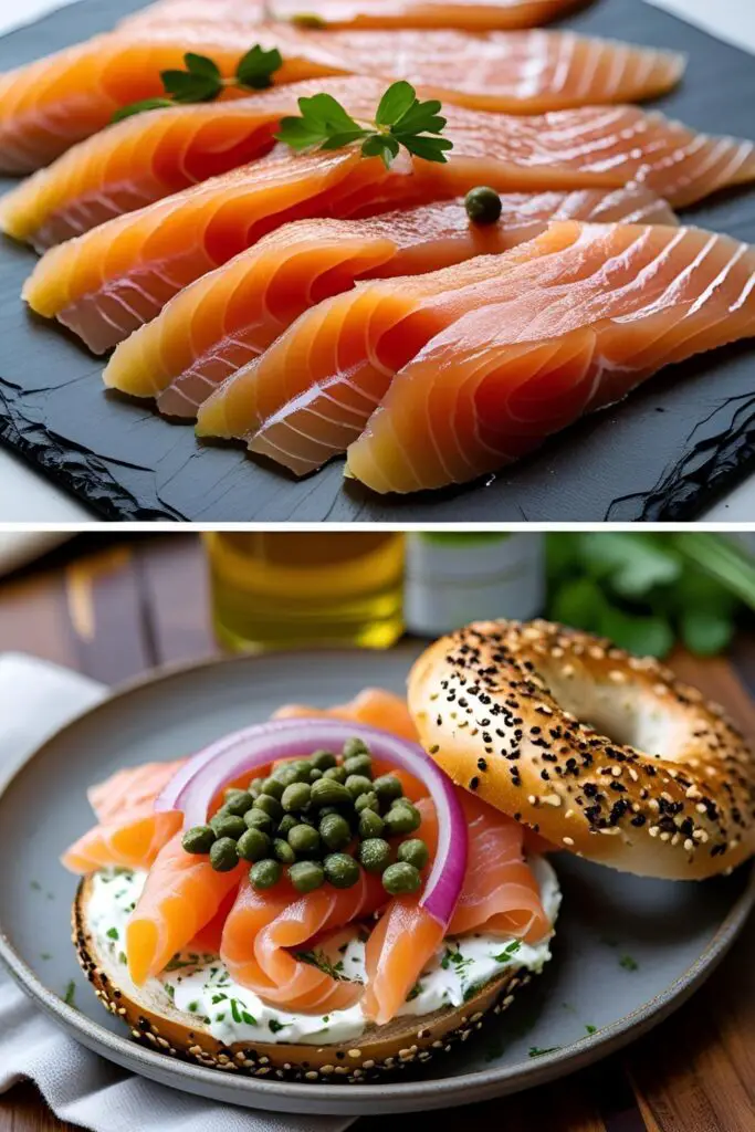 Gin-cured salmon served on a bagel with cream cheese and capers, styled for brunch.
