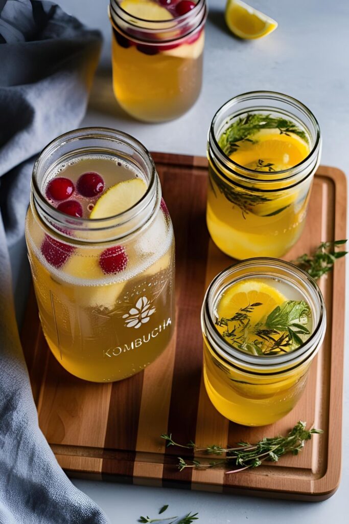 Homemade kombucha with citrus and berries sparkling in mason jars on wood tray.