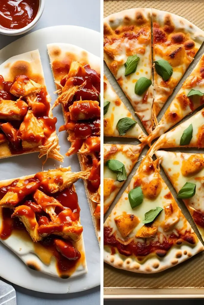 "Close-up of BBQ Chicken Flatbread Pizza slice with gooey cheese and BBQ sauce drizzle"